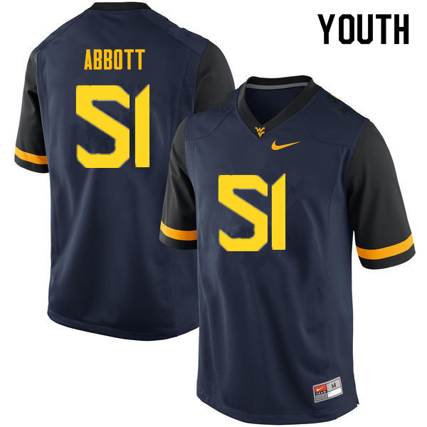 NCAA Youth Jake Abbott West Virginia Mountaineers Navy #51 Nike Stitched Football College Authentic Jersey BV23H44MO
